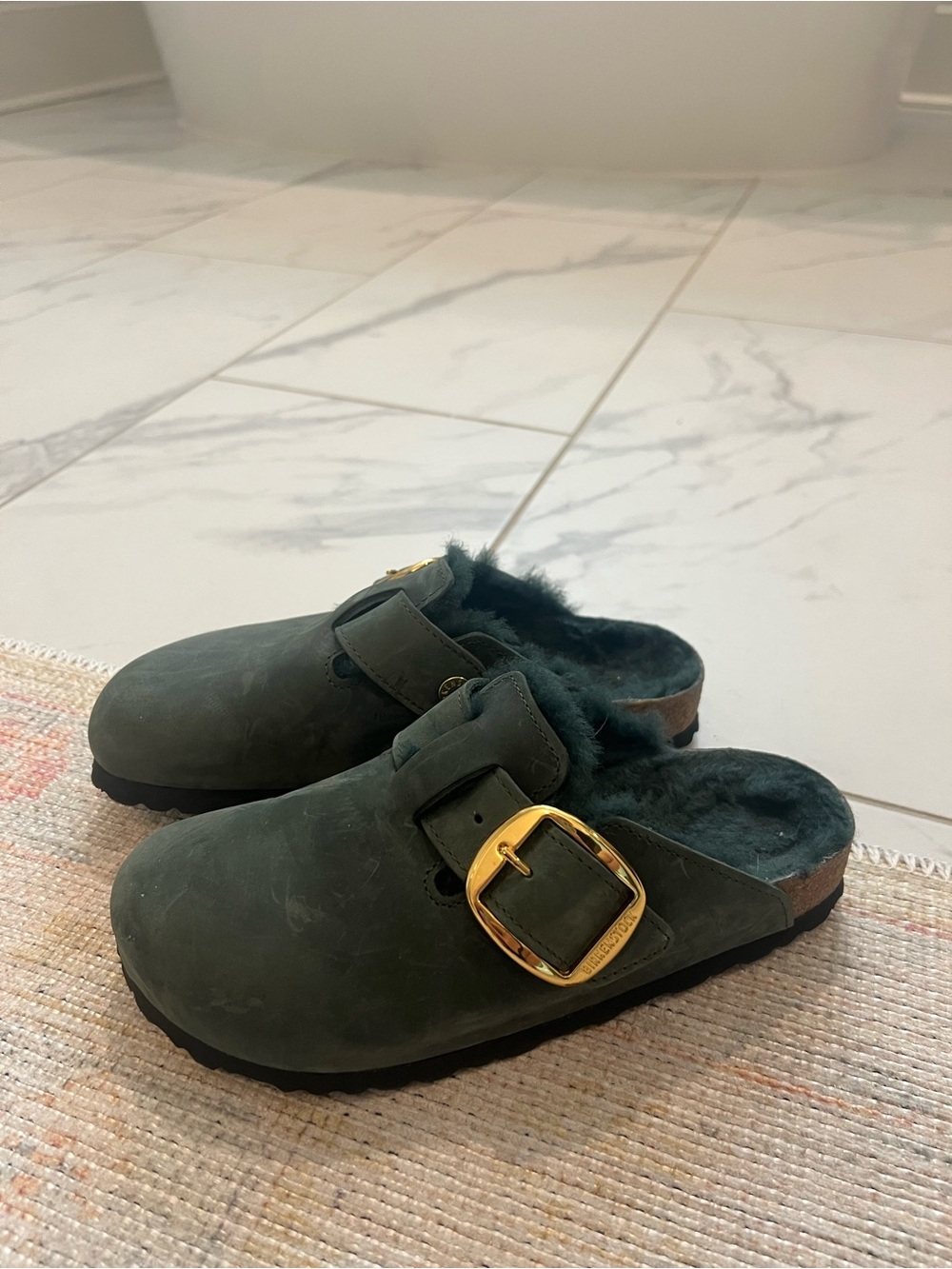 Birkenstock Green Shearling-Lined Slip-On Clogs with Gold Buckle- 6.5